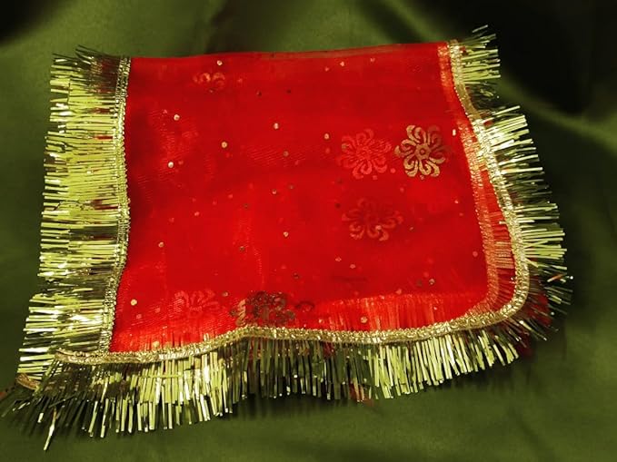 Red Pooja Chunri with Golden Border & Floral Design