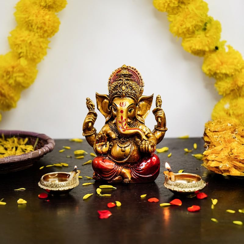Series Antique Gold Painted Ganesha Idol (5 inch) | Marble Dust Ganesh Murti for Pooja Room