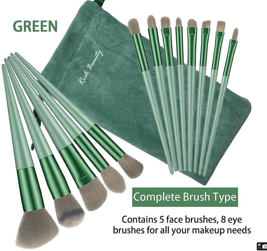 13-Piece Makeup Brush Set – Synthetic Bristles Soft and Durable Highlighting, green
