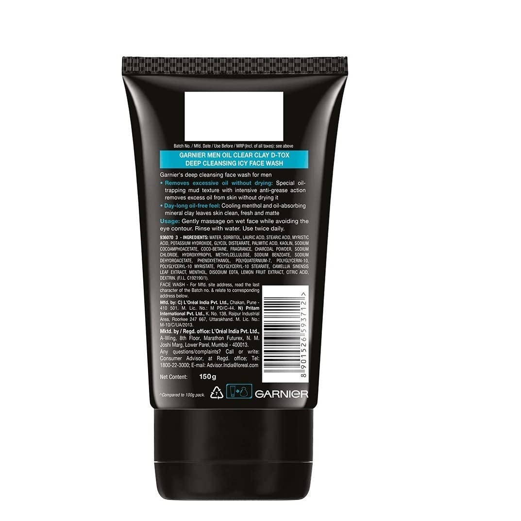 Garnier Men Face Wash OilClear Clay D-Tox 150g (pack of 2)