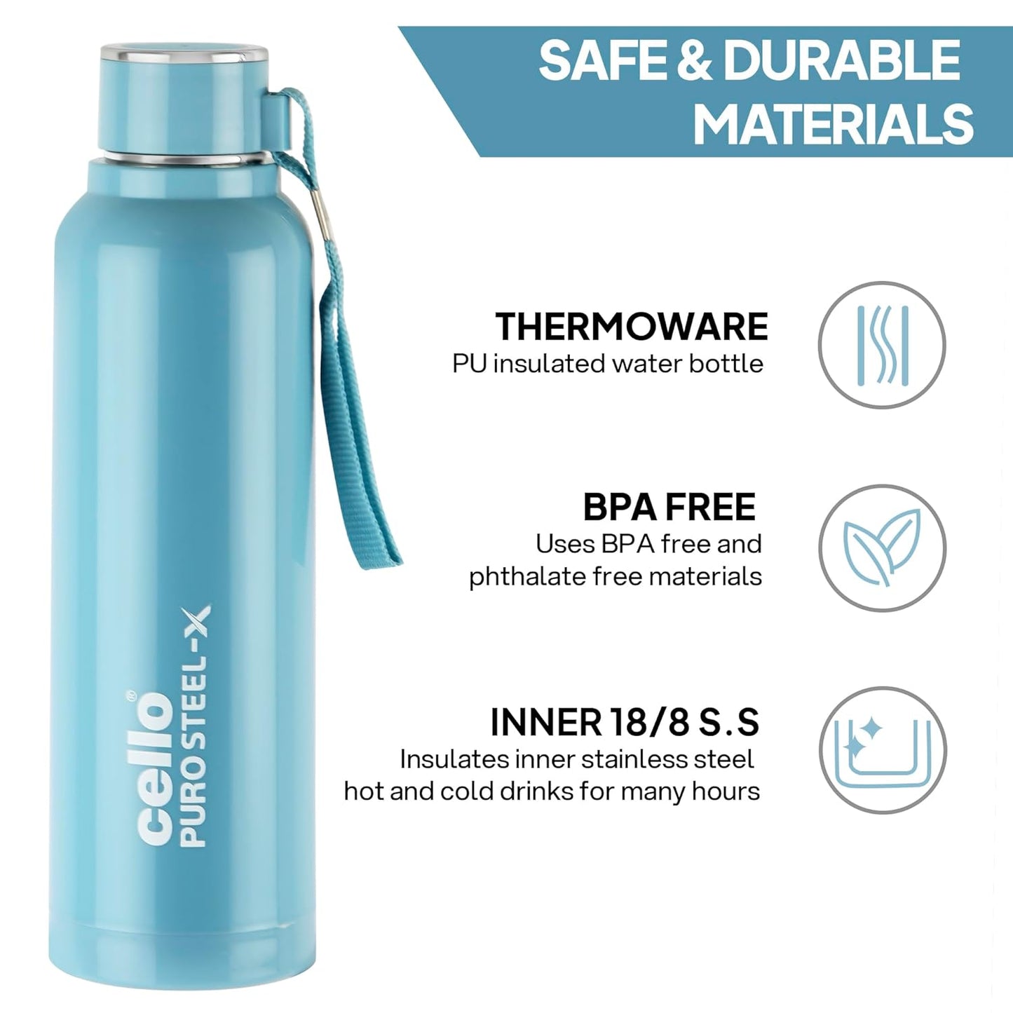 Cello Puro Steel-X Benz 900 | PU Insulated Water Bottle 900 ml, Turquoise