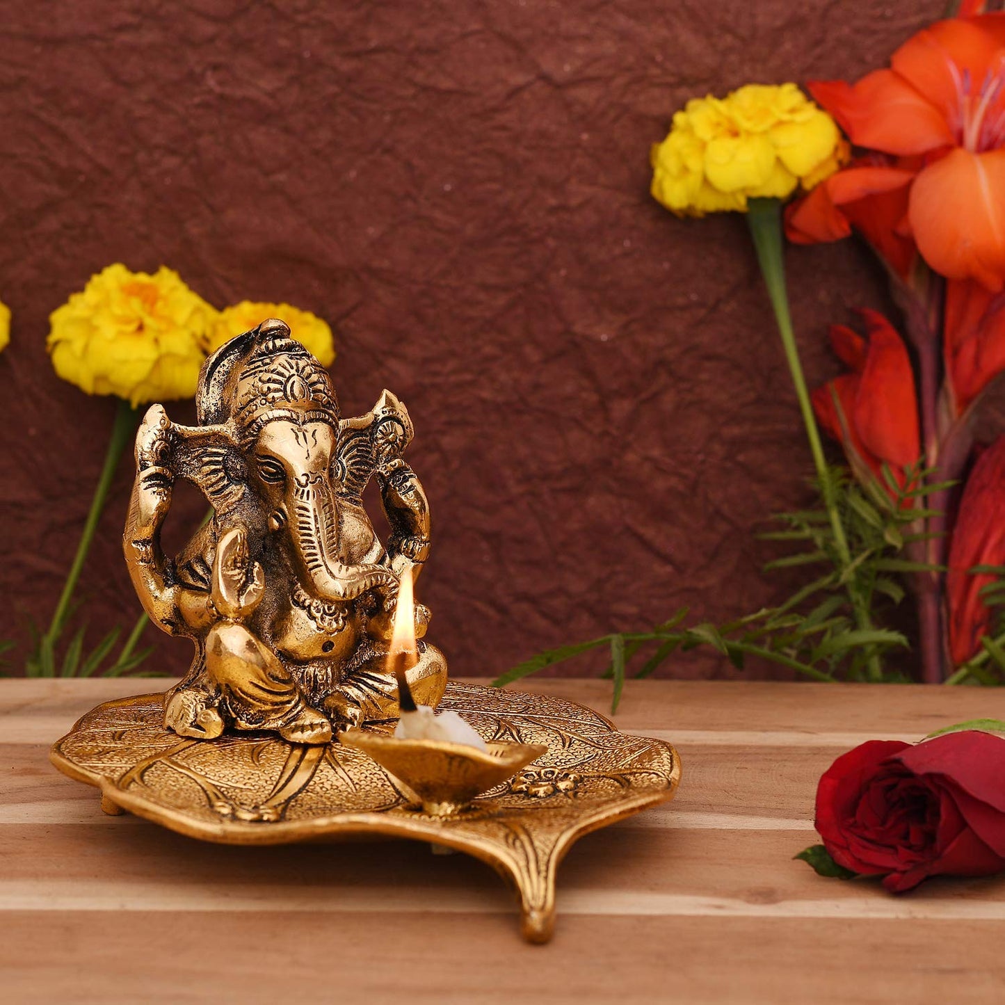 Aluminium Ganesh with Diya Idol, Medium, Gold, Paper