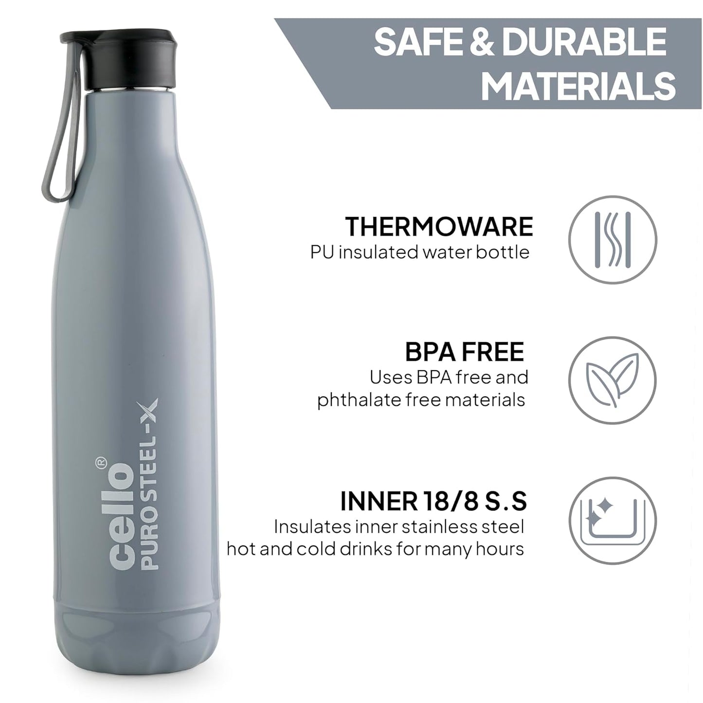 Cello Puro Steel-X Neo 900 Inner Steel Insulated Water Bottle 720ml, Grey