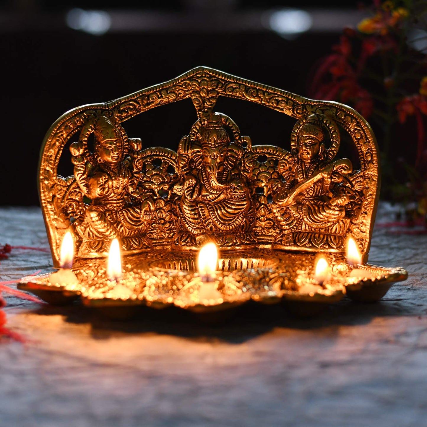 Laxmi Ganesh Saraswati Idol Diya Oil Lamp Deepak(8.5 x 5.1 x 4.7, 1 Count)