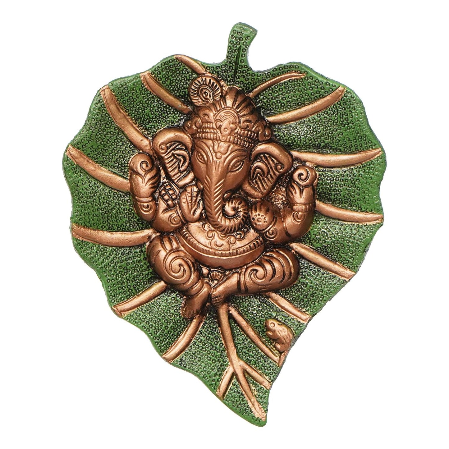 Metal Brown Lord Ganesha Idol On Green Leaf Ganesha Wall Hanging Decorative Showpiece for Wall Decor