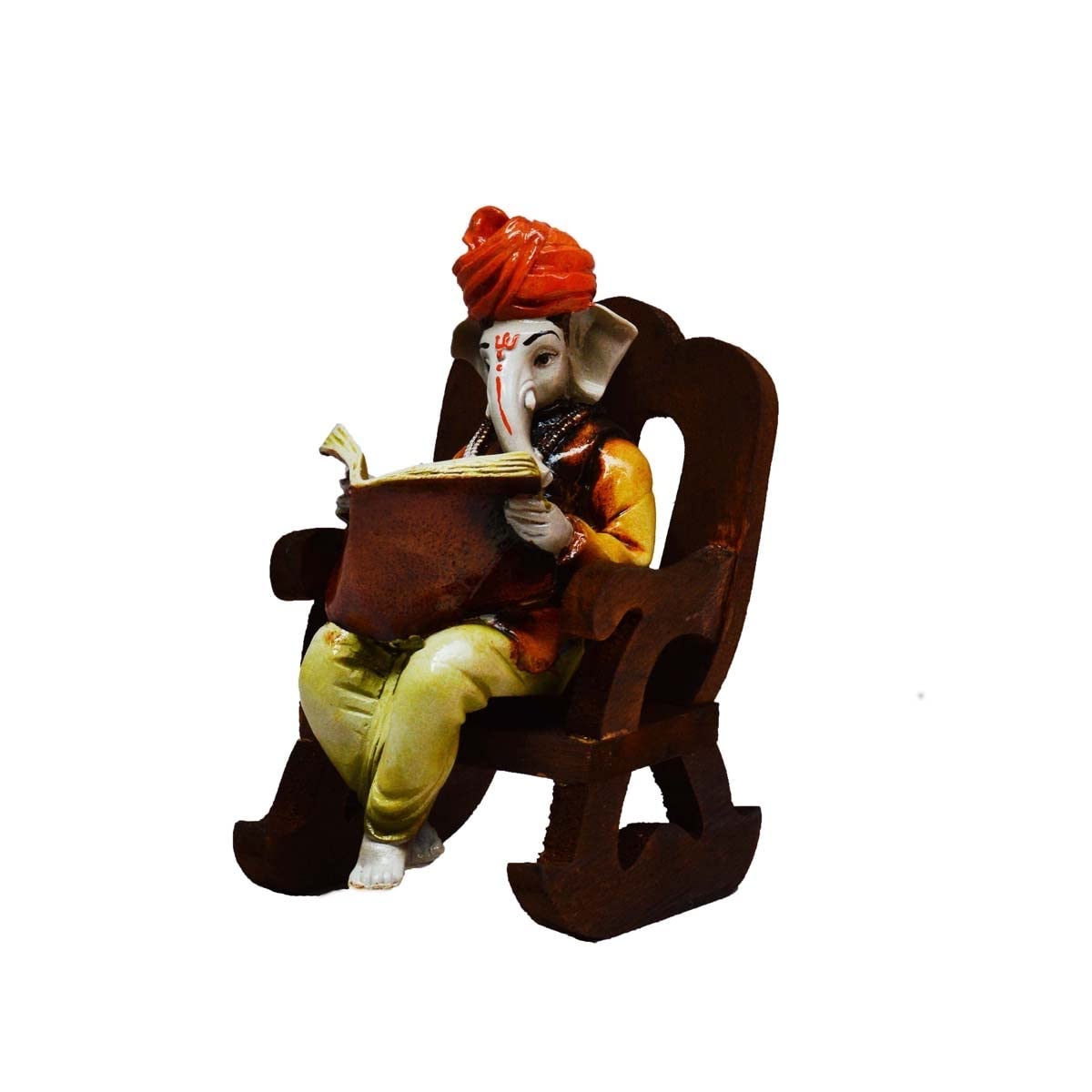 Lord Ganesha Reading Book on Wooden Chair (LxWxH - 4INx5INx6.5IN)