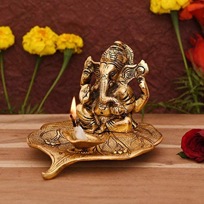 Aluminium Ganesh with Diya Idol, Medium, Gold, Paper