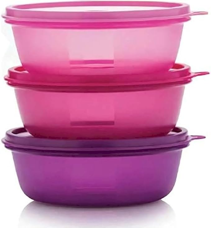 Tupperware Plastic Pink, Purple Leftover Bowl Set Storage Food Containers (600Ml X 3Pcs) COLOR MAY VARY