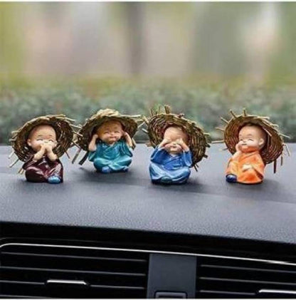 Set of 4 Resin Buddha Monk Statue with Hat| Think No Evil Speak No Evil Hear No Evil See No Evil