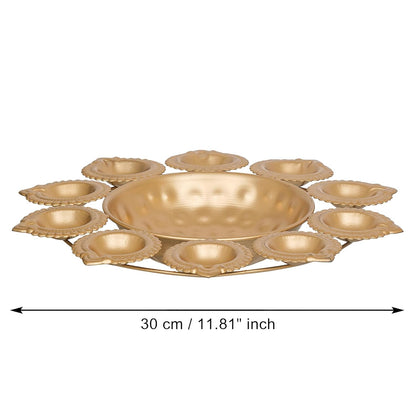 Golden Metal Handcrafted Flower Decorative Urli with 10 Diyas