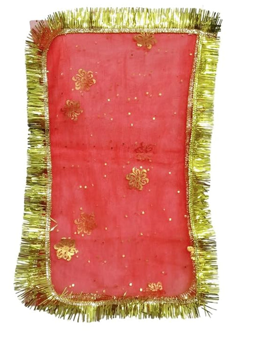 Red Pooja Chunri with Golden Border & Floral Design