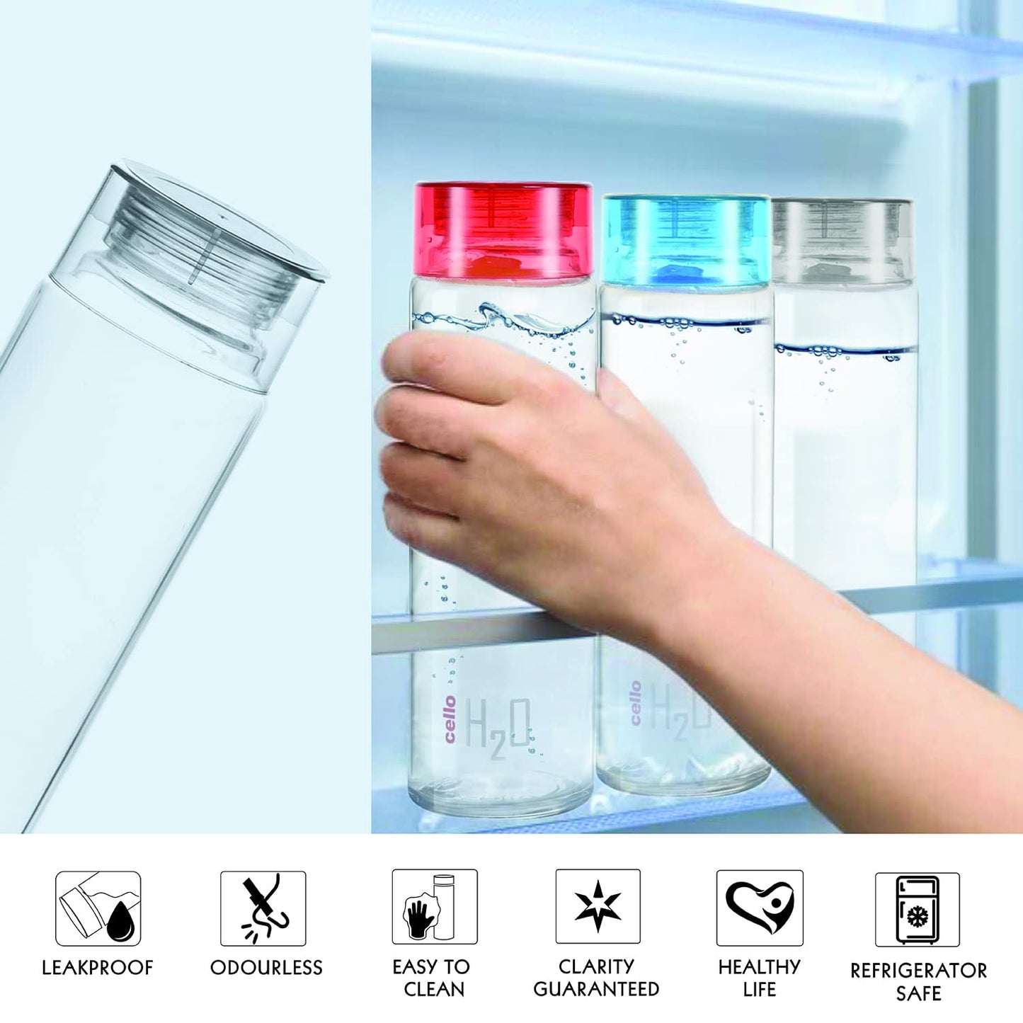CELLO H2O Glass Fridge Water Bottle with Plastic Cap Set of 3, 920ml
