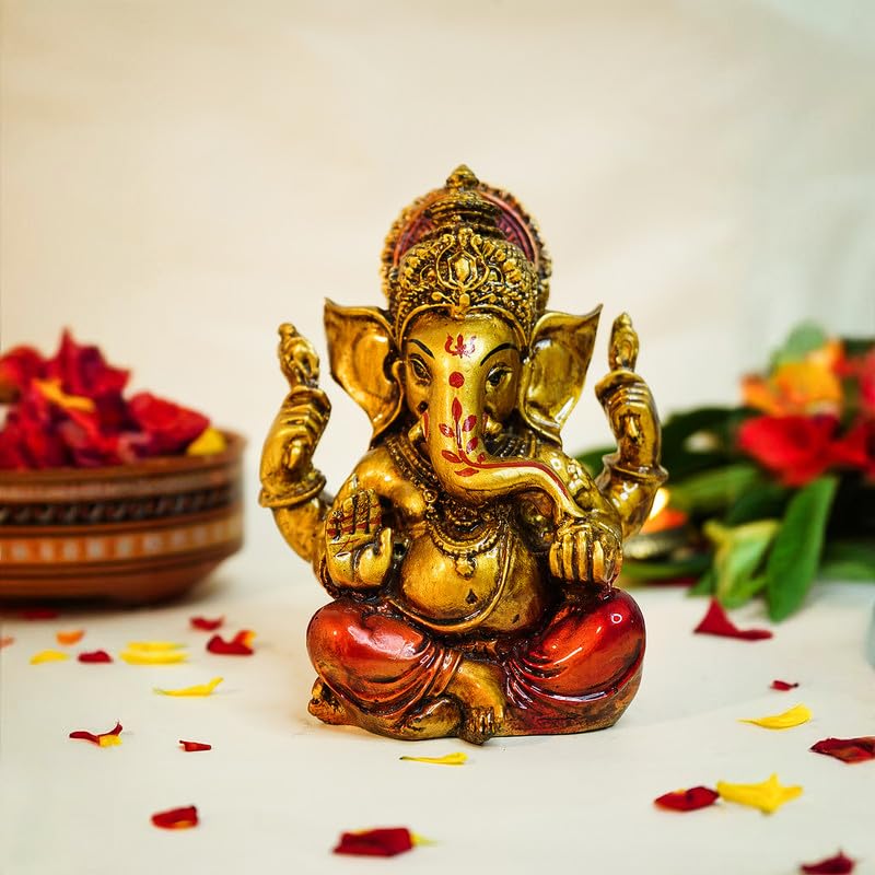 Series Antique Gold Painted Ganesha Idol (5 inch) | Marble Dust Ganesh Murti for Pooja Room