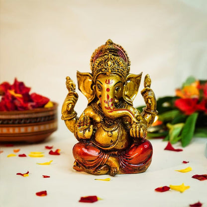Series Antique Gold Painted Ganesha Idol (5 inch) | Marble Dust Ganesh Murti for Pooja Room