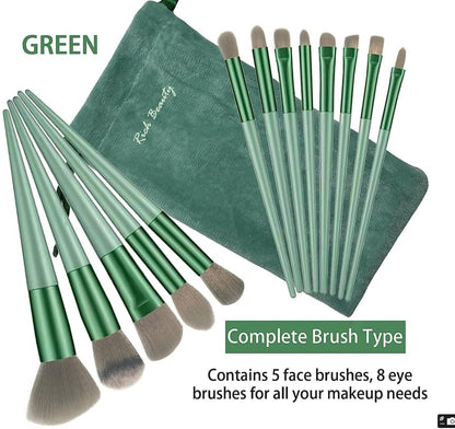 13-Piece Makeup Brush Set – Synthetic Bristles Soft and Durable Highlighting, green