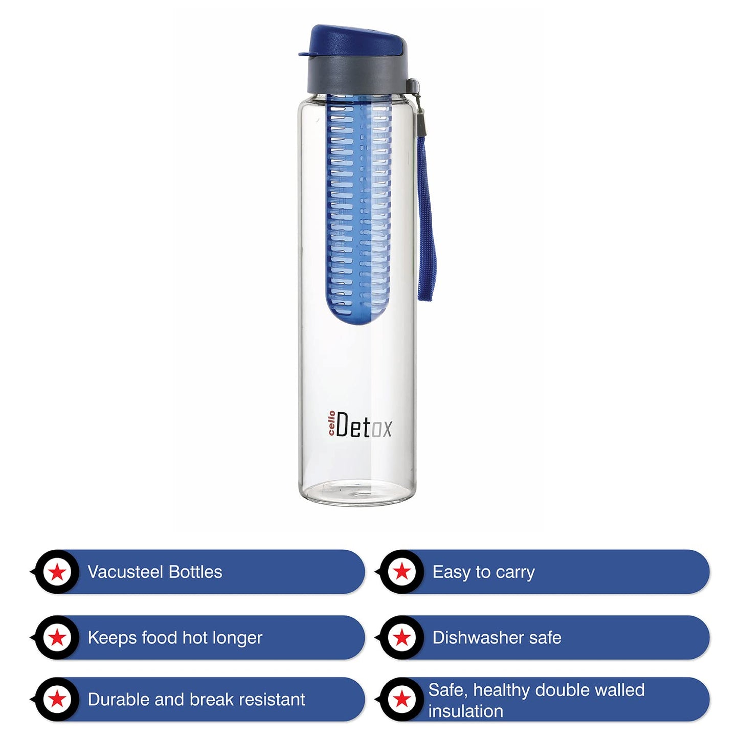 Cello Fruit Infuser Glass Water Bottle 750ml, Blue