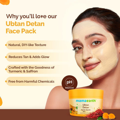 Mamaearth Ubtan Detan Face Pack with Turmeric & Saffron for Normal to Oily Skin 200 g