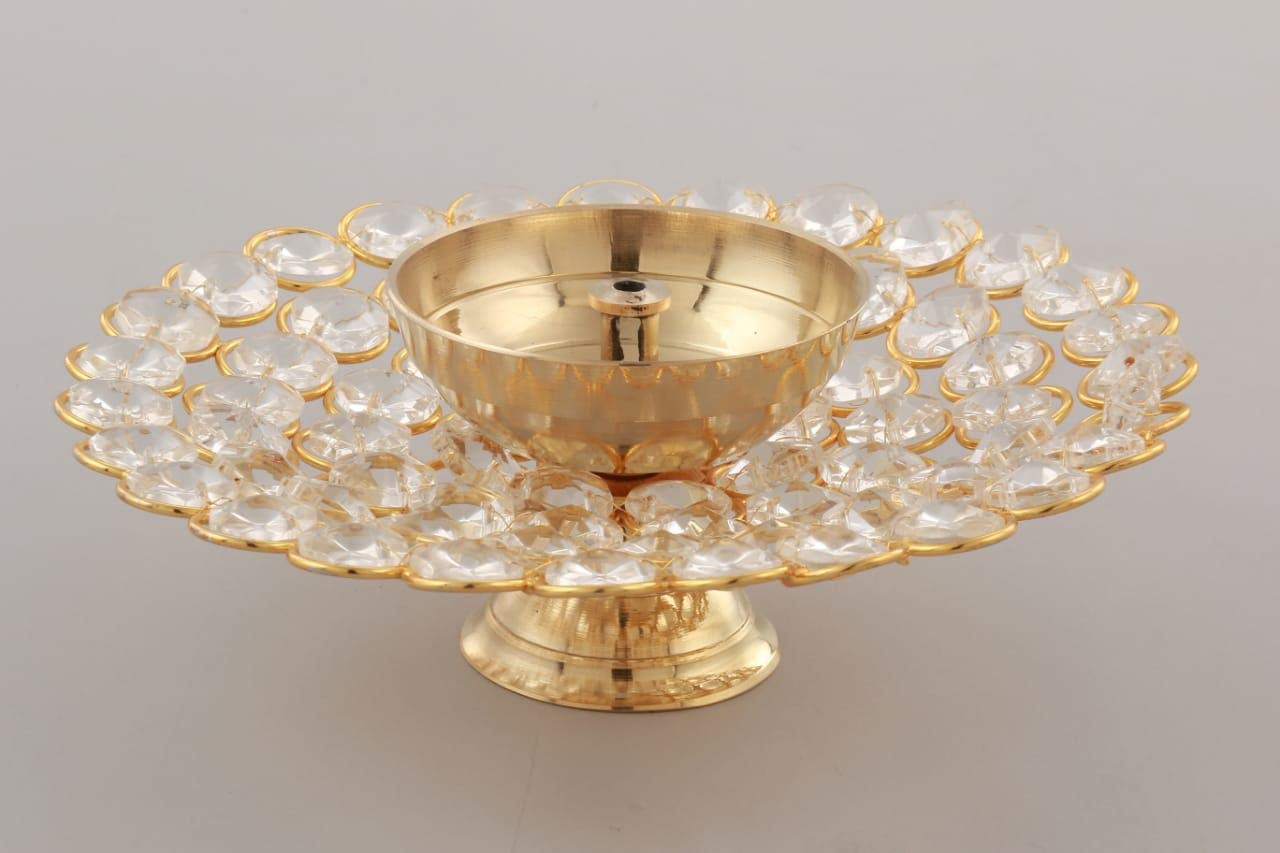 Small Crystal Akhand Diya Brass Oil Puja Lamp (Golden, 3.5 X 1.5 Inch)