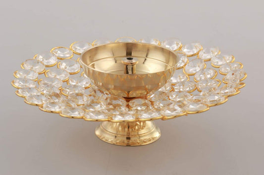 Small Crystal Akhand Diya Brass Oil Puja Lamp (Golden, 3.5 X 1.5 Inch)