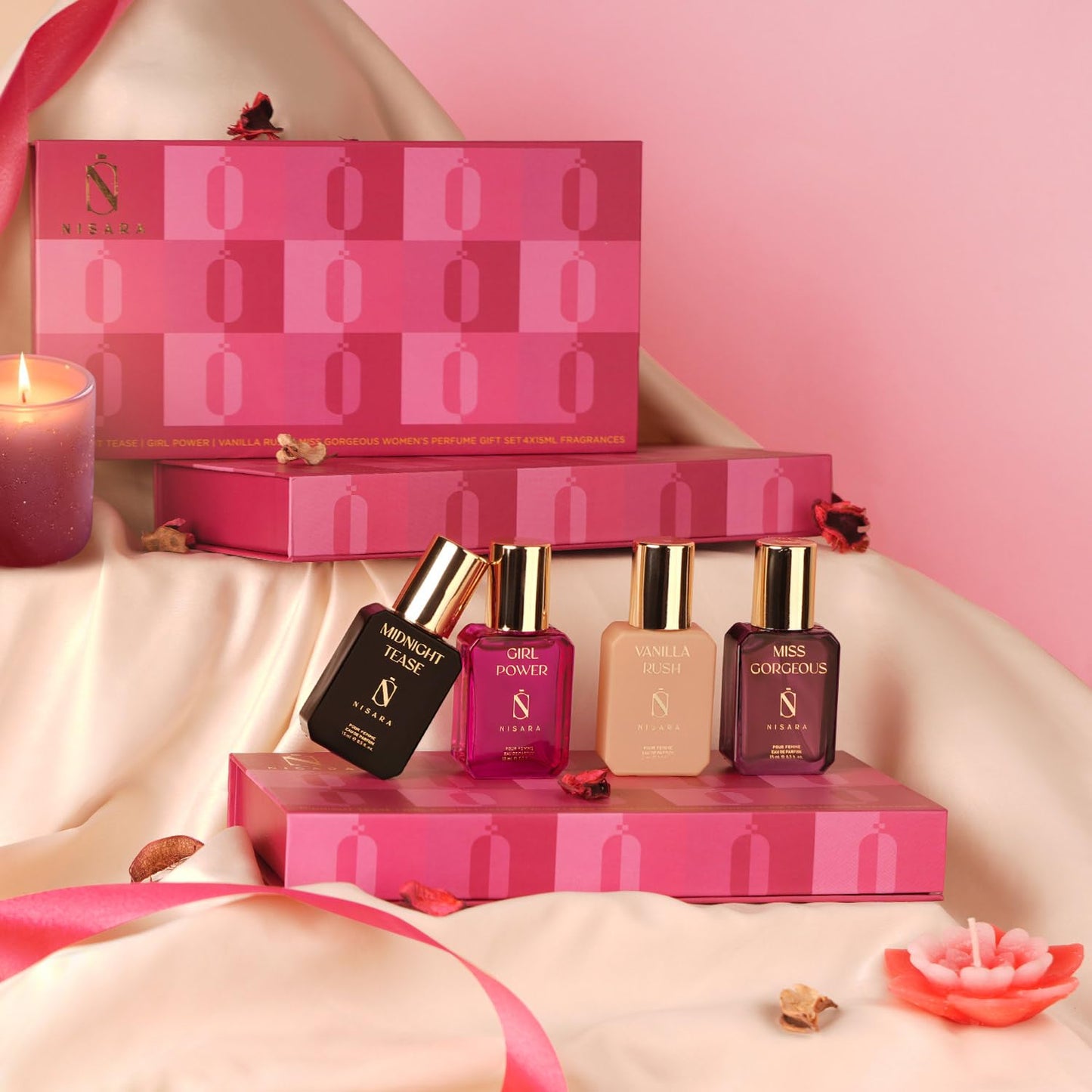Nisara Long Lasting Woman Perfume Gift Set 4x15ml Warm Vanilla, Floral Woody Musk, Midnight Tease