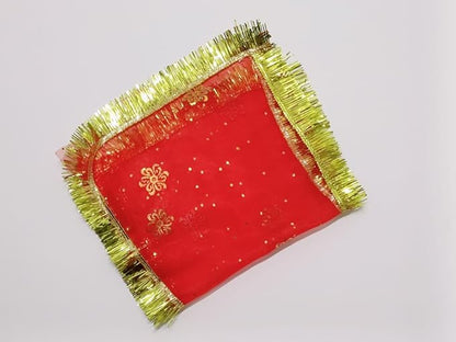 Red Pooja Chunri with Golden Border & Floral Design