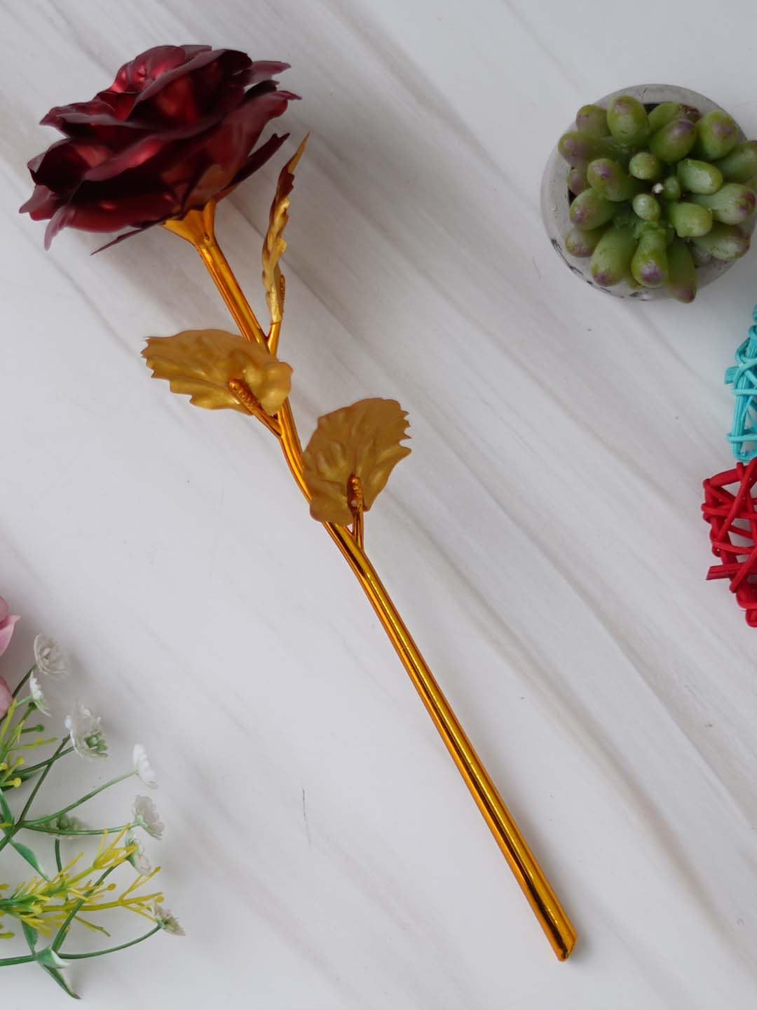 Golden Red Rose Flower Showpiece | Rose Day Valentine Gift for Girlfriend Boyfriend Husband Wife Her Him