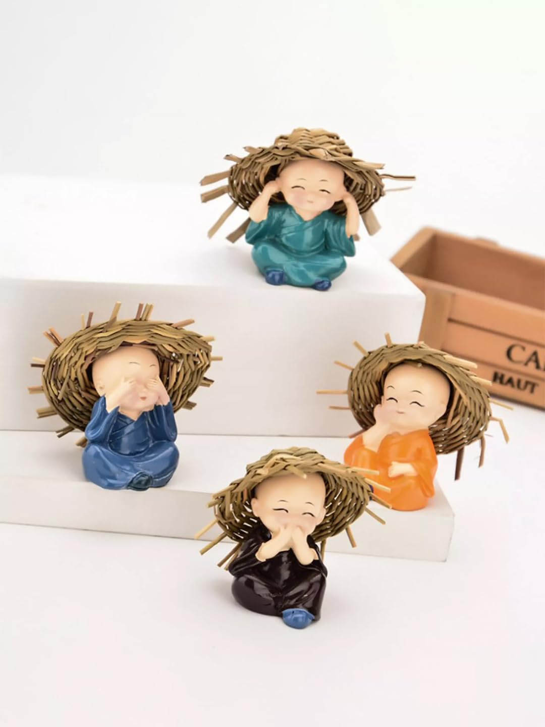 Set of 4 Resin Buddha Monk Statue with Hat| Think No Evil Speak No Evil Hear No Evil See No Evil