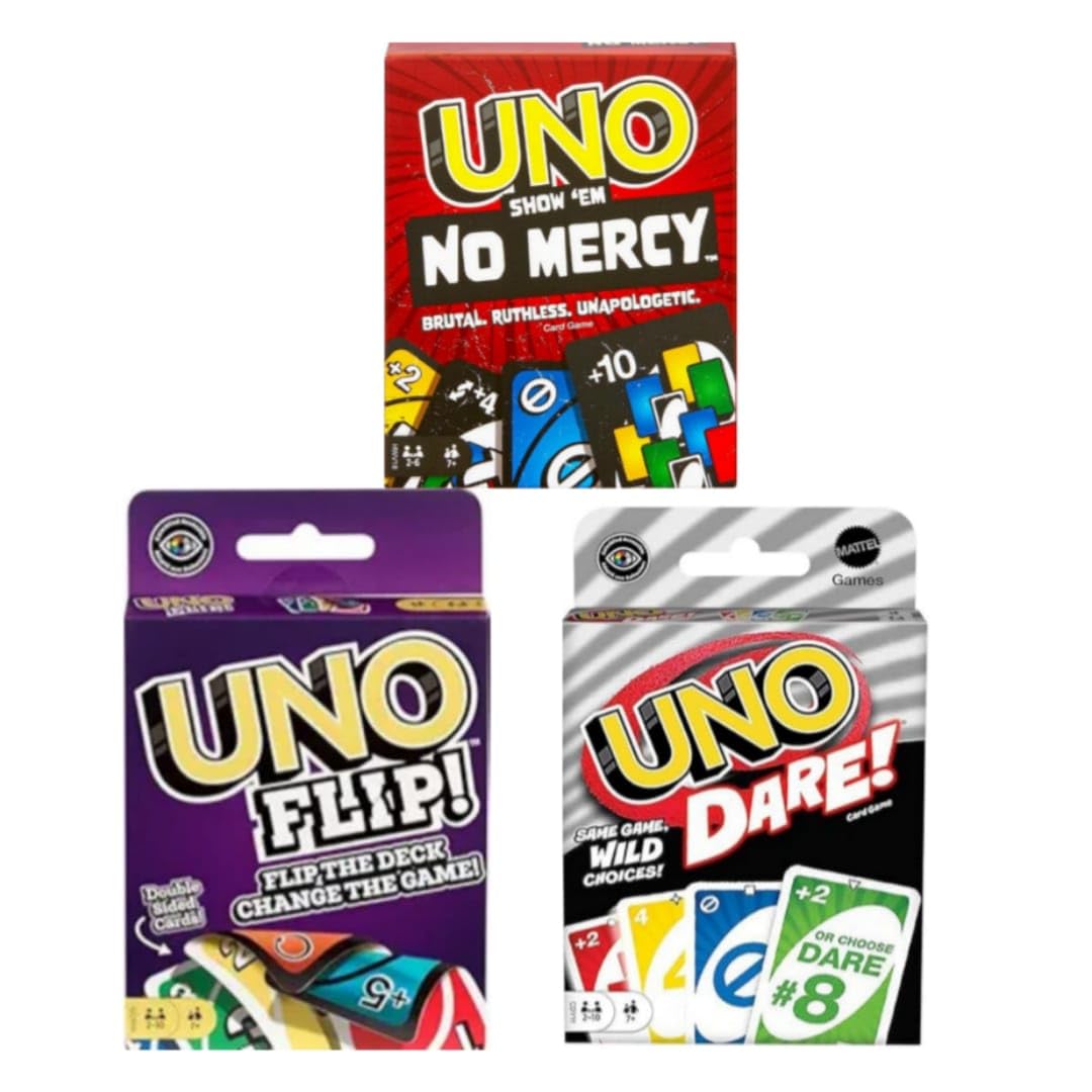 ARCADE GAMES U.N.O no Merci Card Games Combo Pack, FLIP & Dare Edition, Family Strategy Games, (Set of 3)