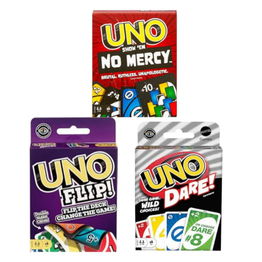 ARCADE GAMES U.N.O no Merci Card Games Combo Pack, FLIP & Dare Edition, Family Strategy Games, (Set of 3)