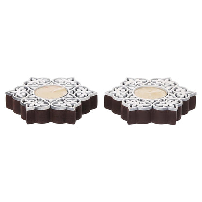 Set of 2 White Brown Wooden Floral Printing Block Decorative Tea Light Candle Holders, Diya Stands