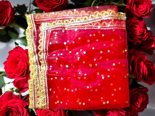 Pooja Chunri for MATA Rani, 2 Metre, Red Colour with Golden Lace Border (dot)