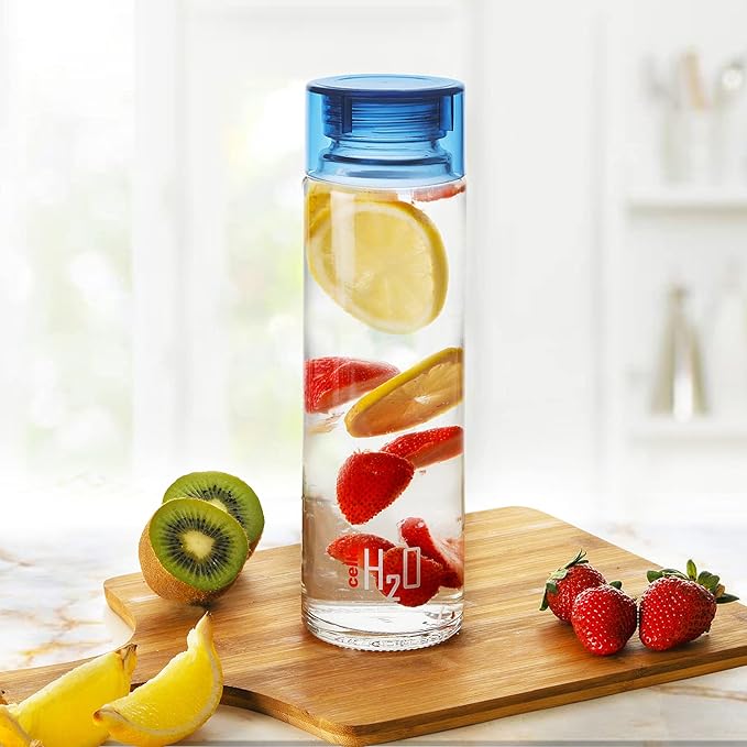 CELLO H2O Glass Fridge Water Bottle with Plastic Cap Set of 3, 920ml