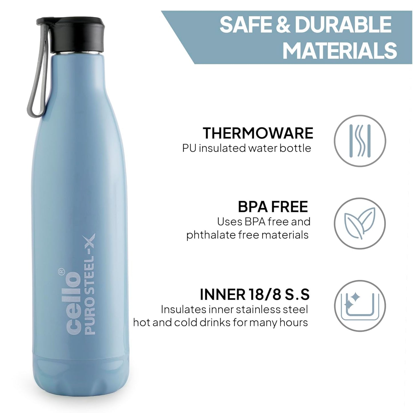 Cello Puro Steel-X Neo 900 Inner Steel Insulated Water Bottle 720ml, Blue