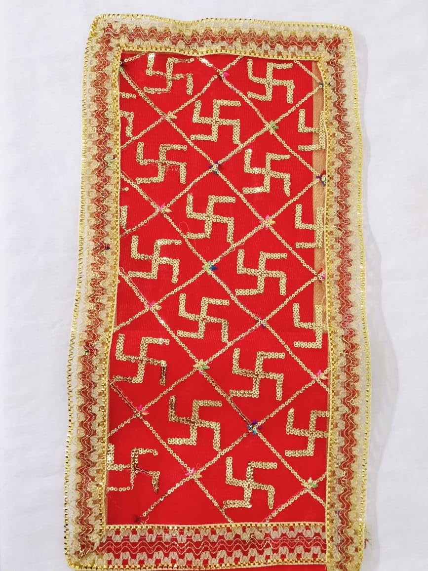 Traditional Red Puja Chunri with Golden Swastik Embroidery & Lace Border 18cm*10cm
