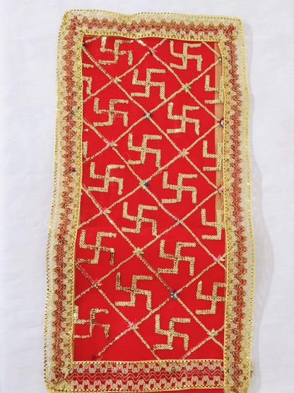 Traditional Red Puja Chunri with Golden Swastik Embroidery & Lace Border 18cm*10cm