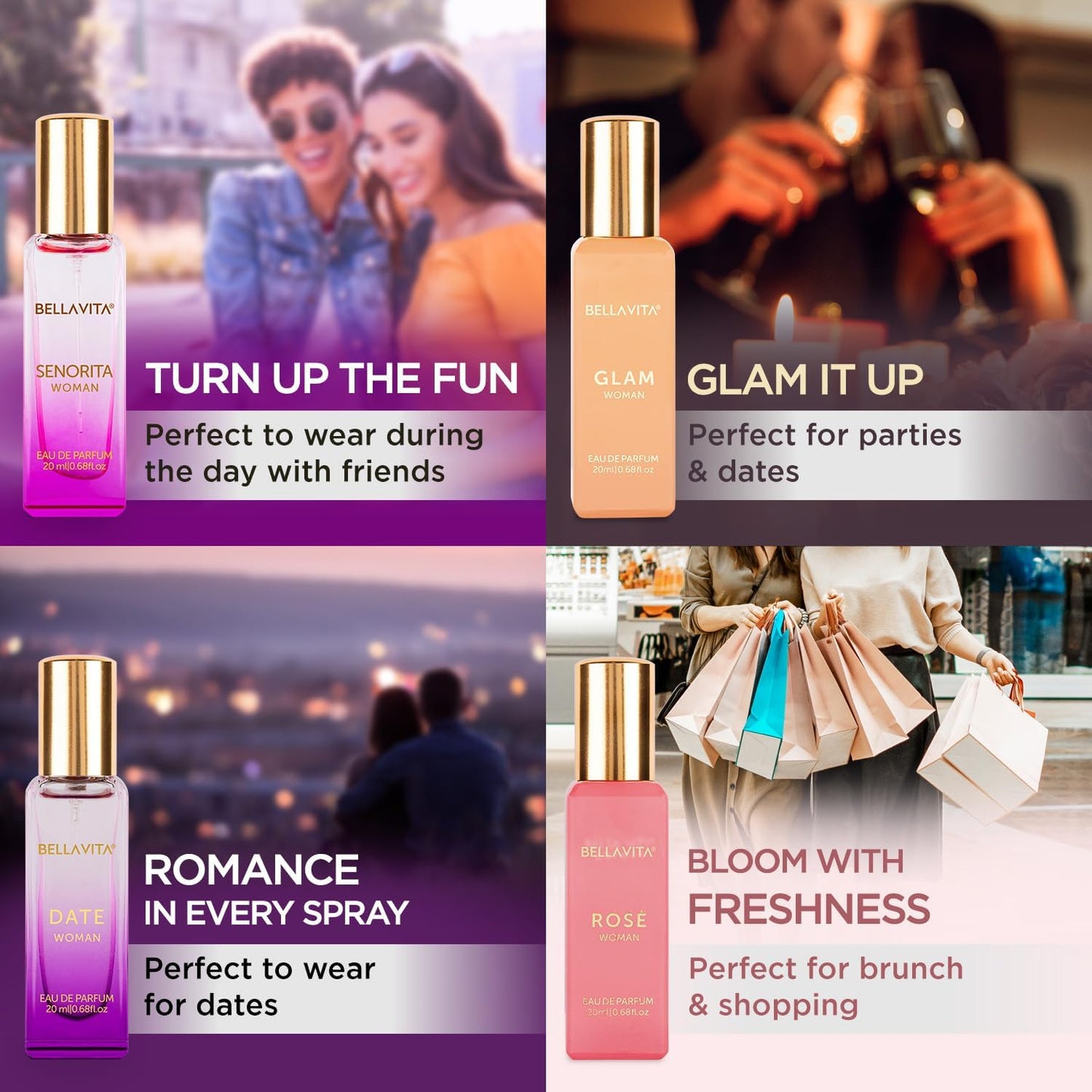 Bella Vita Luxury Long Lasting Women Gift Set  4x20ml Date, Senorita, Glam, Rose