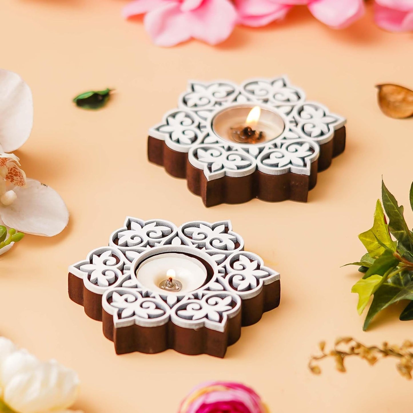 Set of 2 White Brown Wooden Floral Printing Block Decorative Tea Light Candle Holders, Diya Stands