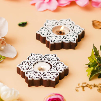 Set of 2 White Brown Wooden Floral Printing Block Decorative Tea Light Candle Holders, Diya Stands