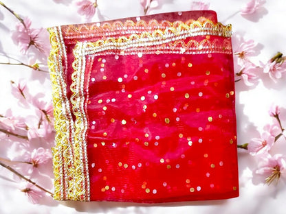 Pooja Chunri for MATA Rani, 2 Metre, Red Colour with Golden Lace Border (dot)