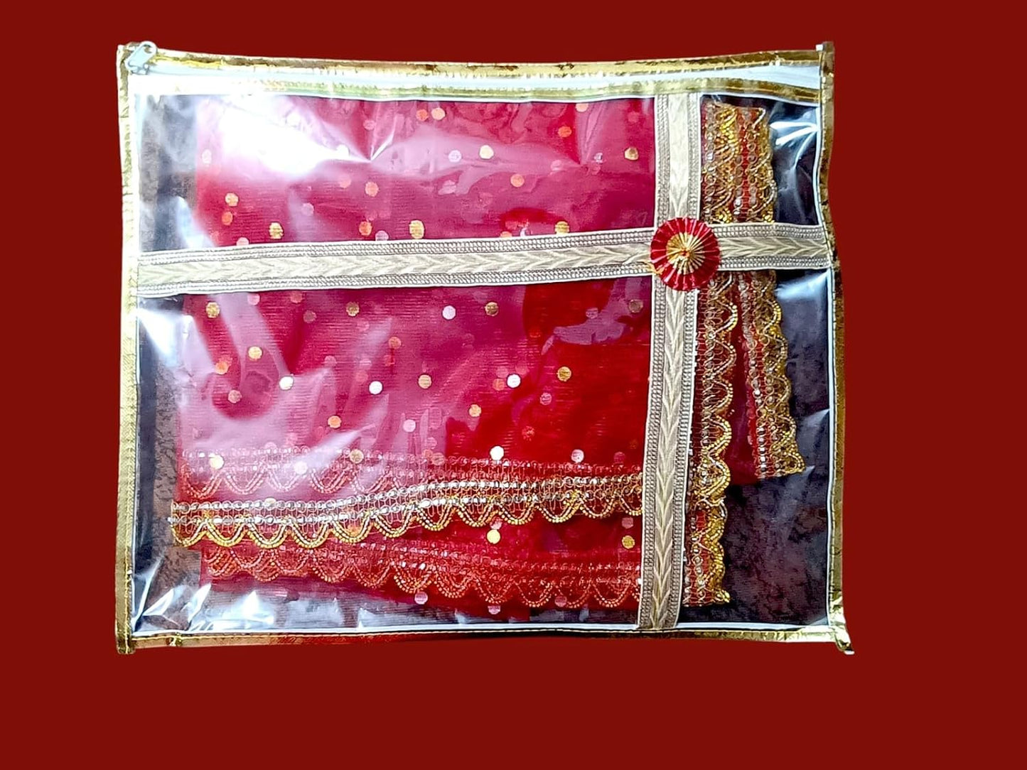 Pooja Chunri for MATA Rani, 2 Metre, Red Colour with Golden Lace Border (dot)