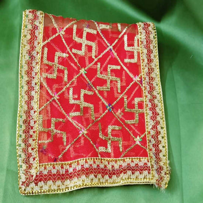Traditional Red Puja Chunri with Golden Swastik Embroidery & Lace Border 18cm*10cm