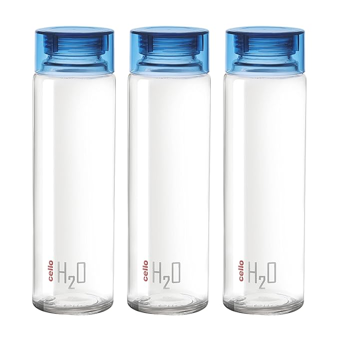 CELLO H2O Glass Fridge Water Bottle with Plastic Cap Set of 3, 920ml