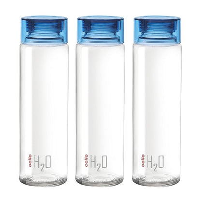 CELLO H2O Glass Fridge Water Bottle with Plastic Cap Set of 3, 920ml