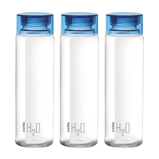CELLO H2O Glass Fridge Water Bottle with Plastic Cap Set of 3, 920ml