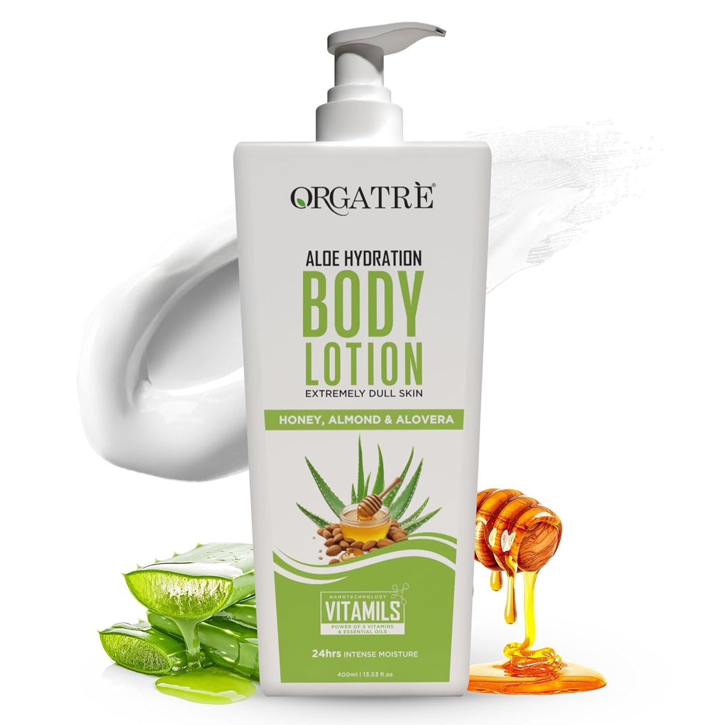 Orgatre Body Lotion with Honey, Almond & Alovera Deep Moisturizing for Dry Skin 400ml (Aloe Vera)
