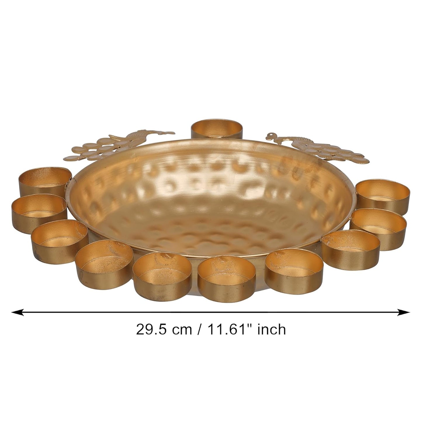 Golden Metal Traditional Peacock Designer Urli with 11 Tea Light Holders