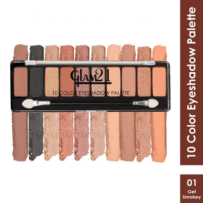 Glam21 Get Smoky 10 Color Eyeshadow Palette Long-Lasting Metallic Finish