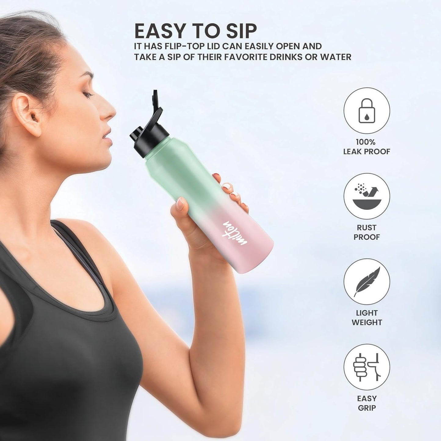 MILTON Comet 1000 Stainless Steel Water Bottle 1000 ml, Single Walled Mint Pink