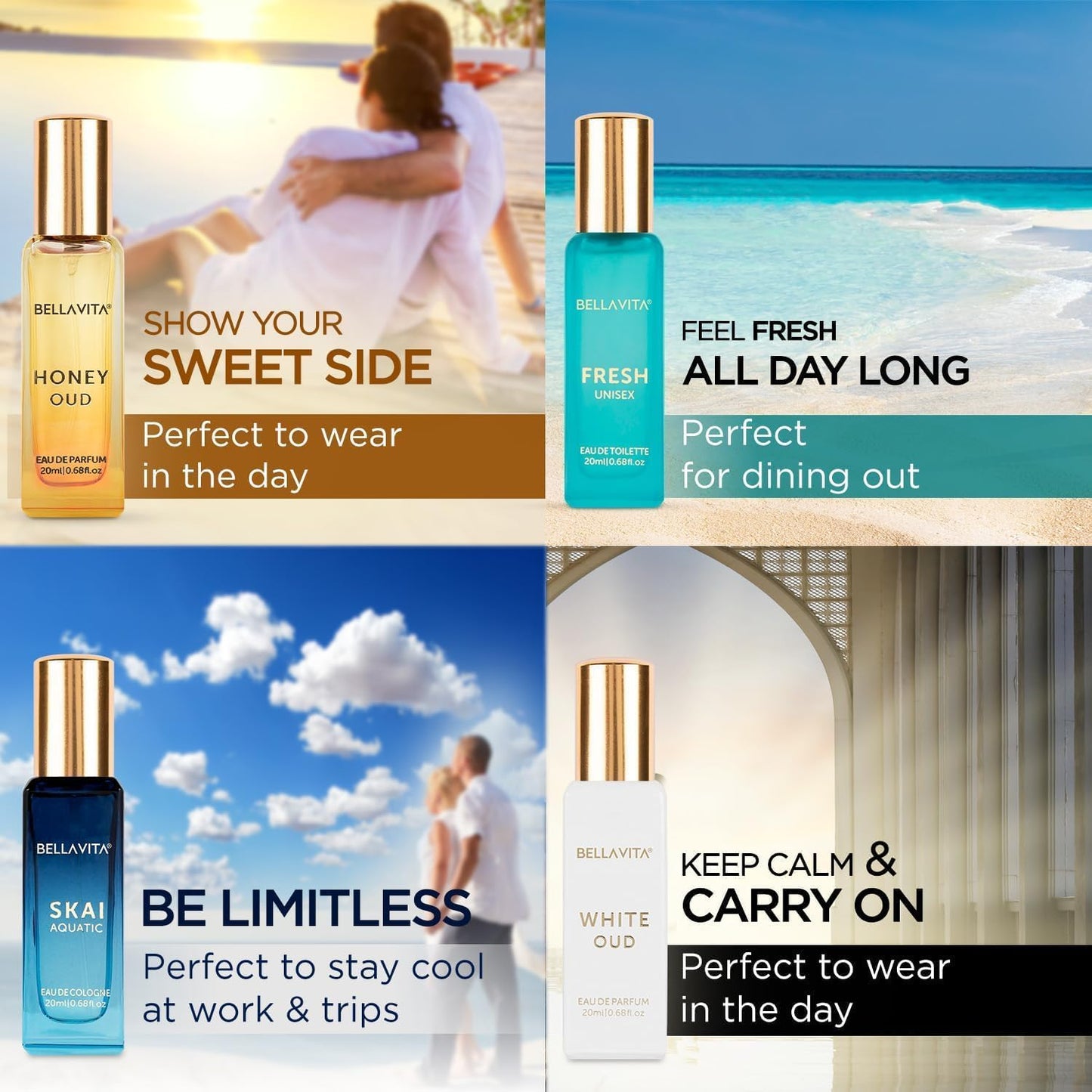 Bella Vita Luxury Long Lasting Unisex Perfume Gift Set 4x20ml  SKAI, FRESH, WHITEOUD, HONEY OUD