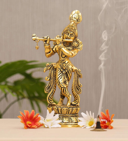 Lord Krishna Metal Statue,Krishna Murti Playing Flute for Temple Pooja